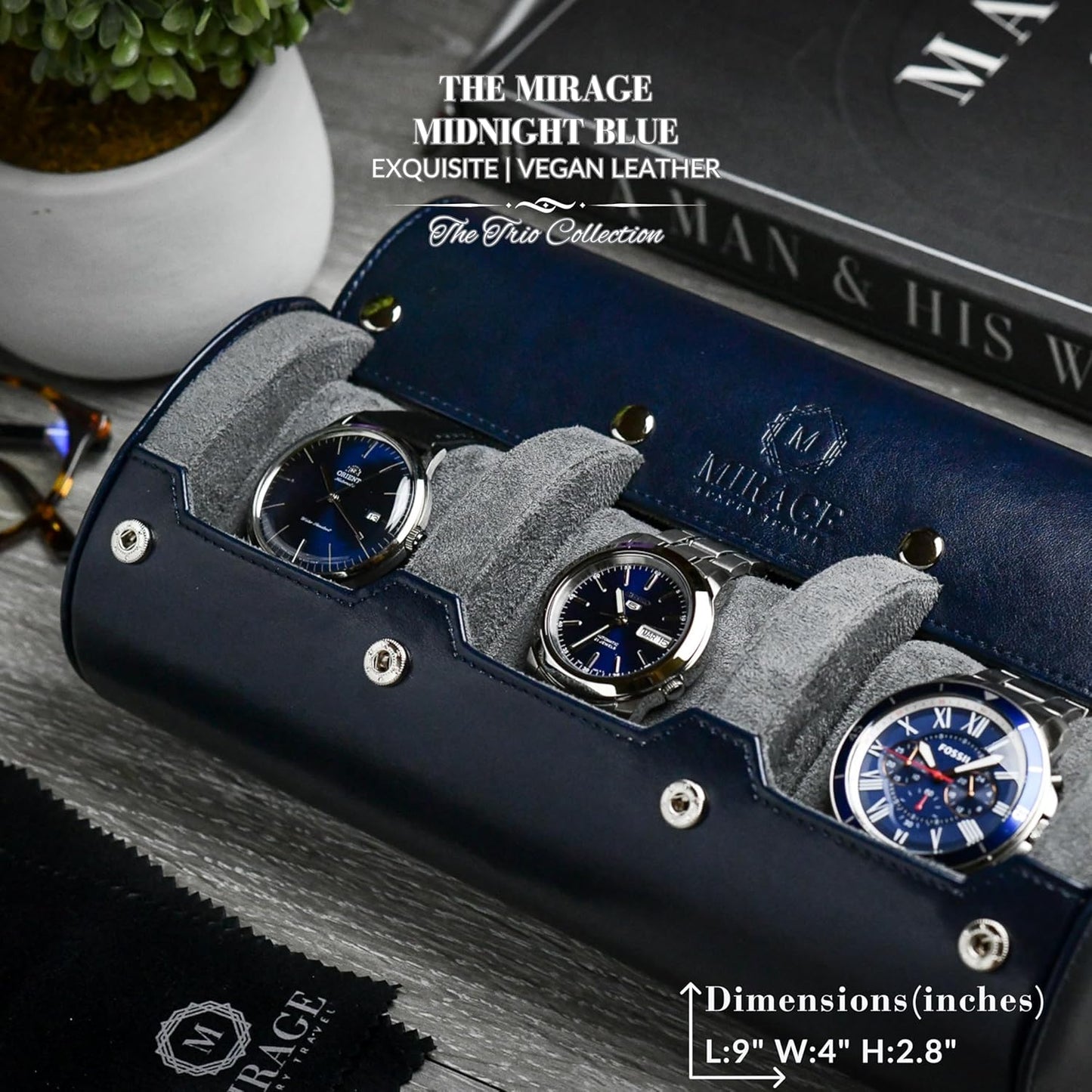 Watch Case Travel Organizer - Vegan Leather Roll for 3 Watches - Midnight Blue Display Storage - Ideal Accessory Gift
