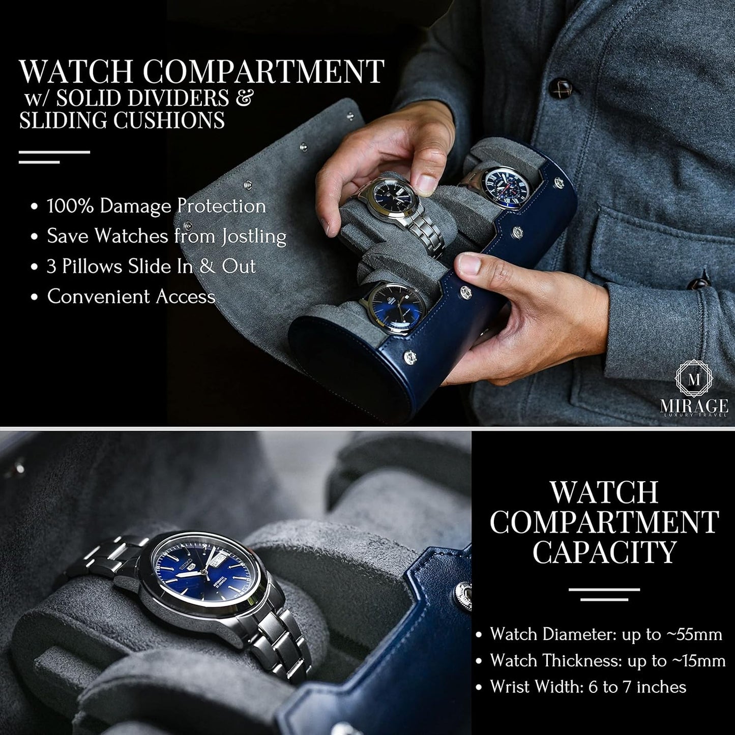 Watch Case Travel Organizer - Vegan Leather Roll for 3 Watches - Midnight Blue Display Storage - Ideal Accessory Gift