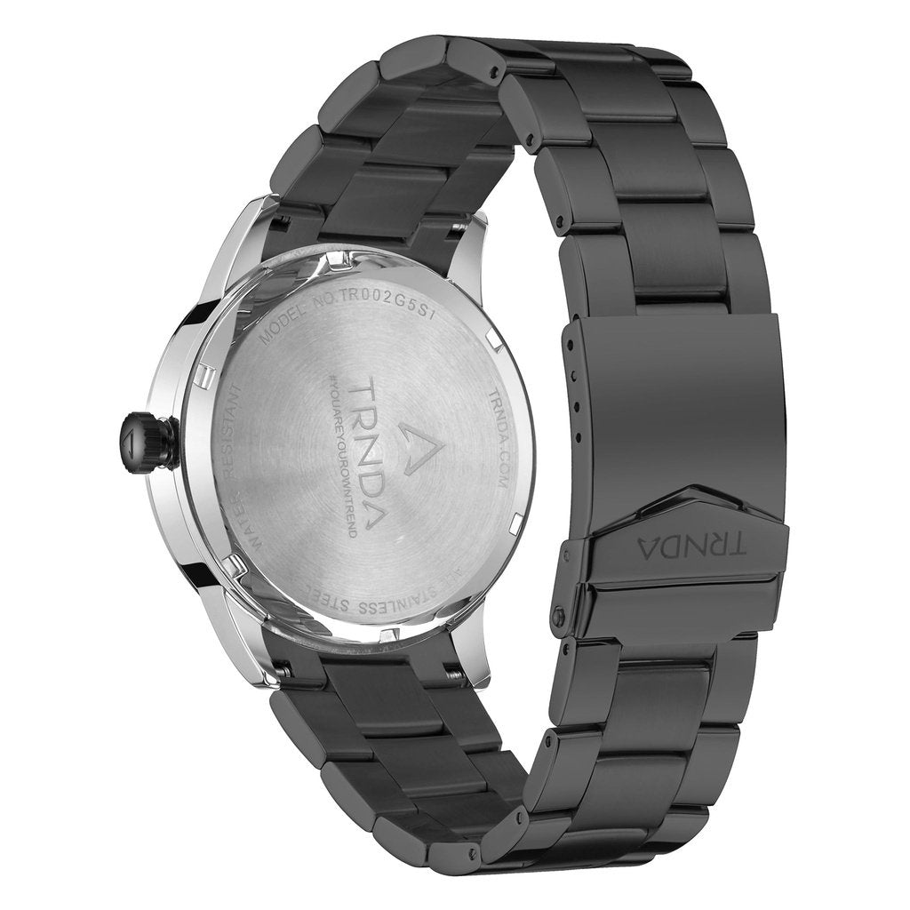 TRNDA Men's Silver Stainless Steel Watch, Black Band | TRN-SS43B-2