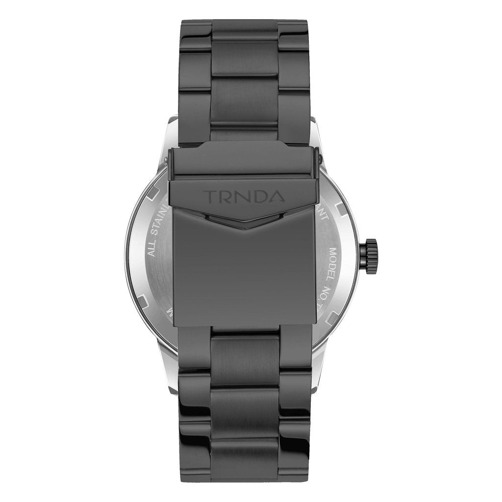 TRNDA Men's Silver Stainless Steel Watch, Black Band | TRN-SS43B-3