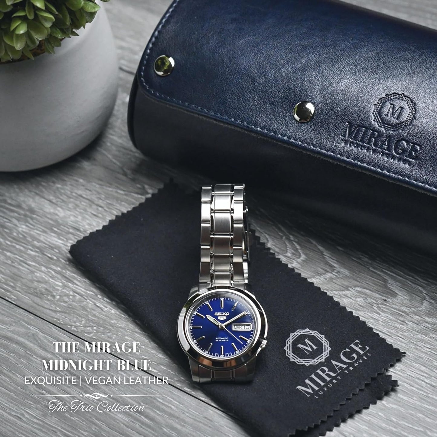 Watch Case Travel Organizer - Vegan Leather Roll for 3 Watches - Midnight Blue Display Storage - Ideal Accessory Gift