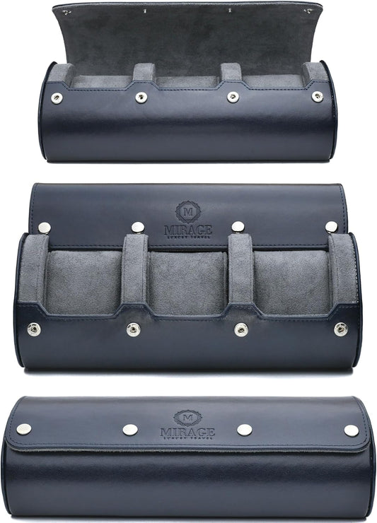 Watch Case Travel Organizer - Vegan Leather Roll for 3 Watches - Midnight Blue Display Storage - Ideal Accessory Gift