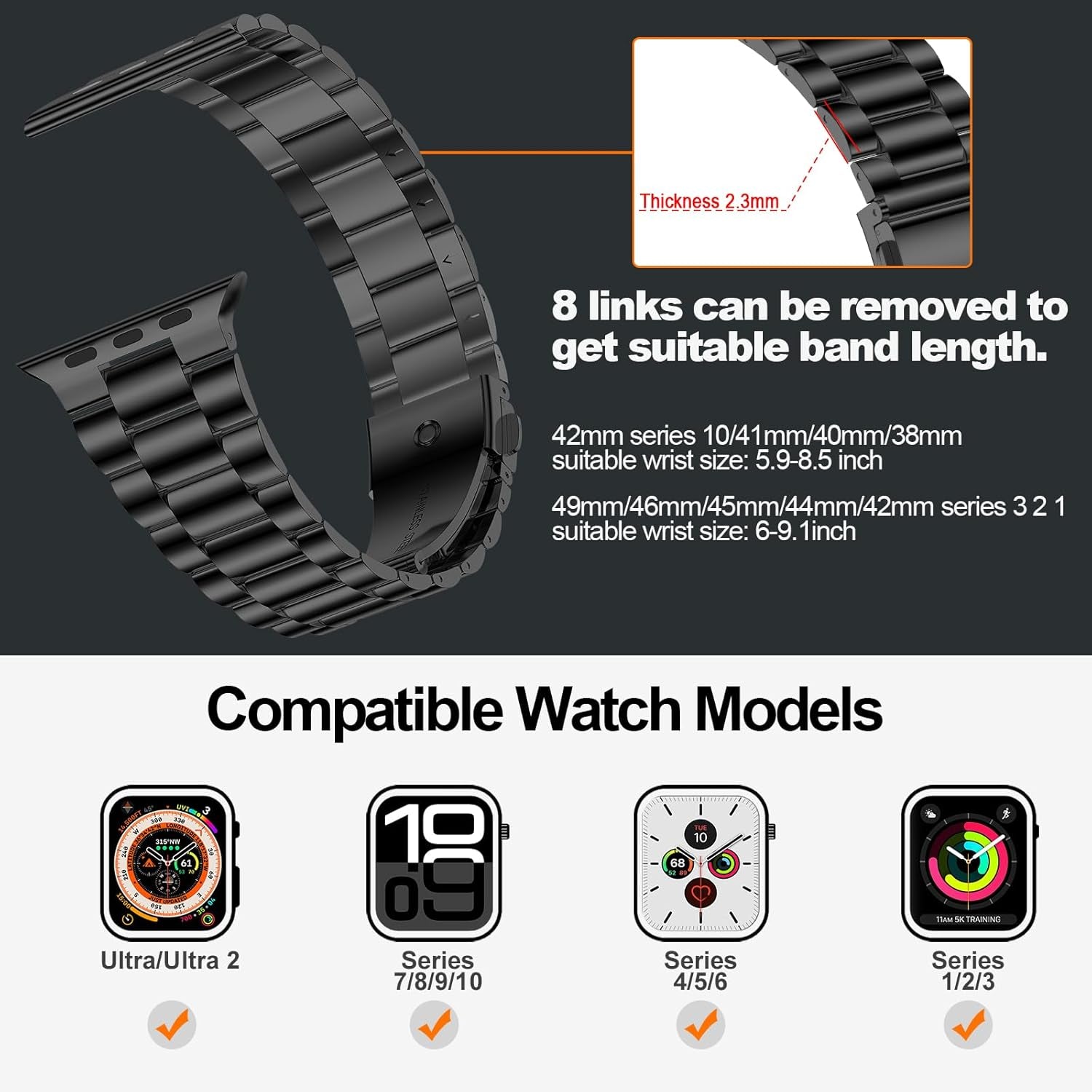 Lightweight Stainless Steel Band for Apple Watch Ultra 2 & Ultra, Series 1-10 (46mm, 45mm, 44mm, 42mm) - Replacement iWatch Band for Men and Women, Black