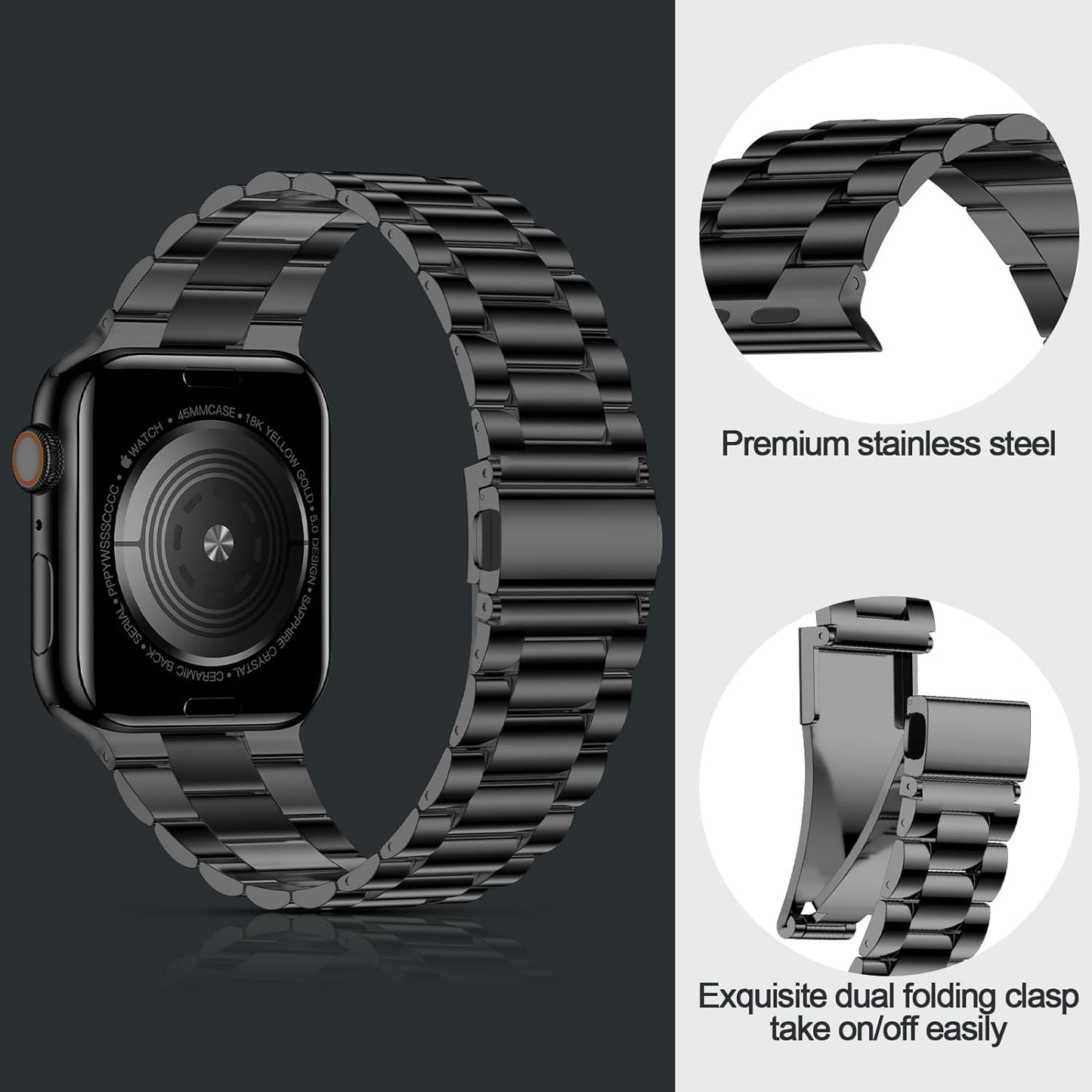 Lightweight Stainless Steel Band for Apple Watch Ultra 2 & Ultra, Series 1-10 (46mm, 45mm, 44mm, 42mm) - Replacement iWatch Band for Men and Women, Black