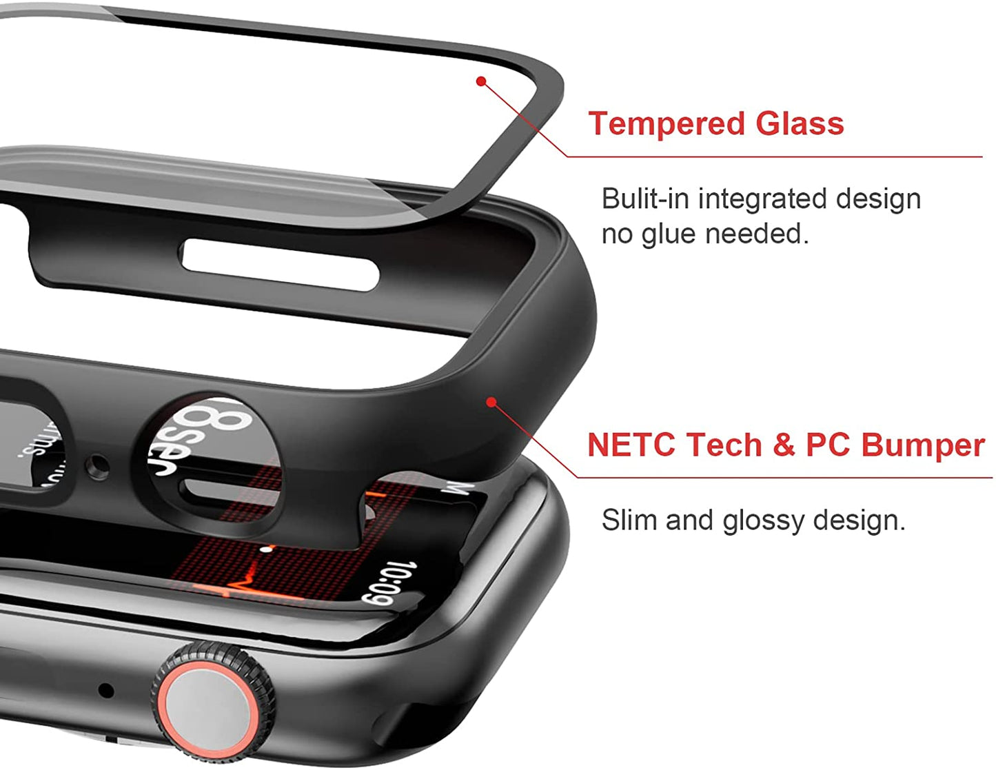 Tempered Glass Screen Protector and Protective Case Bundle for Apple Watch Series 3/2/1 (38mm) - Slim Guard Bumper Design in Black