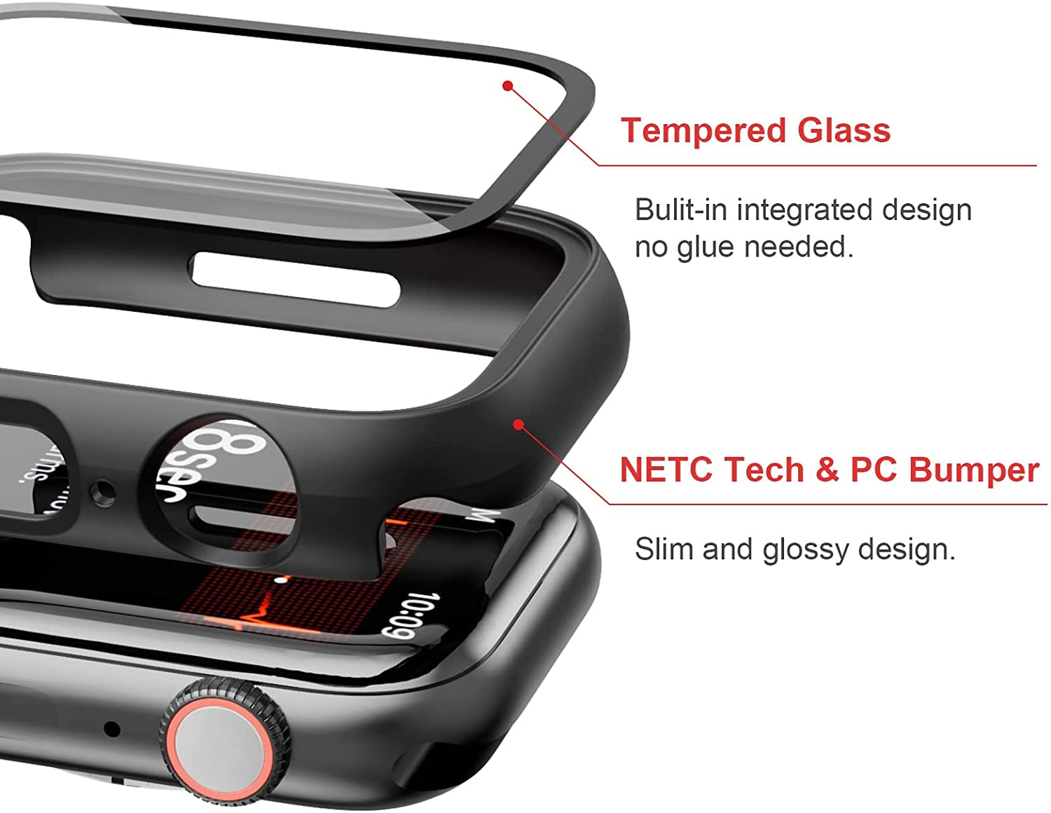 Tempered Glass Screen Protector and Protective Case Bundle for Apple Watch Series 3/2/1 (38mm) - Slim Guard Bumper Design in Black