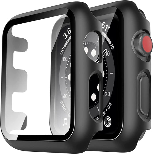 2-Pack Hard Case for Apple Watch Series 3/2/1 (38mm) with Full Coverage and 9H Tempered Glass Screen Protector - Slim Black Protective Cover